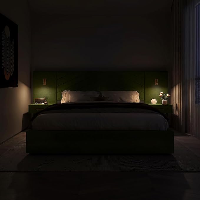 DEINPPA Luxury King Bed Frame with Built-in Gold LED Lights and Nightstands, King Size Platform Bed with Oversize Upholstered Headboard, No Box Spring Needed-Green
