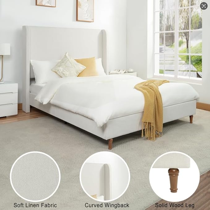 Queen Size Upholstered Bed Frame, Harper 54" Tall Headboard Platform Beds, Wingback Headboard Bedframes/No Box Spring Needed/Easy Assembly/Elegant Simplicit, Ivory Chenille