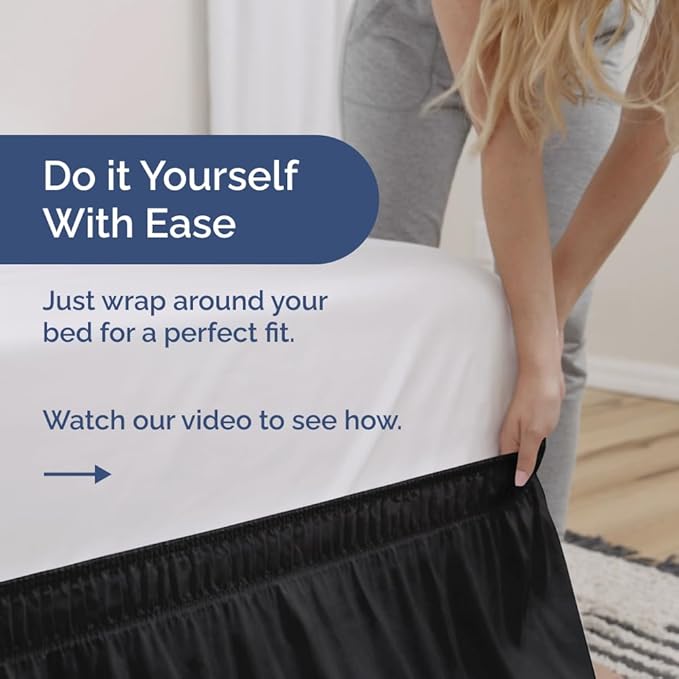 Wrap Around Dust Ruffle Bed Skirt - Black - for Queen Size Beds with 21 Inch Drop - Easy Fit Elastic Strap - Adjustable Pleated Bedskirt w/Brushed Fabric - Wrinkle Free - for Women, Men, Kids & Teens