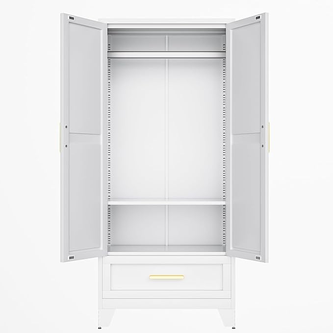 COFaR 71 Farmhouse Metal Wardrobe Closet with Hanging Rod, 2 Barn Doors, Adjustable Shelves, Steel Armoire with Drawer for Home, Bedroom White