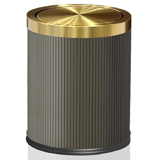 4 Gallon / 15L Trash Can Bathroom with Swing Lid, Grey Gold Garbage Can, Leather Modern, Large Office Waste Basket, for Bedroom, Kitchen, Powder Room, Hotel, Business(15L Grey)