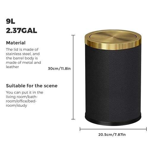 2.4 Gallon Bathroom Trash Can with Lid, Pu Leather Modern Garbage Can, Round Decorative Waste Basket, for Near Desk, Powder, Bedroom, Hotel, Office, Home (9L-Checked Black)
