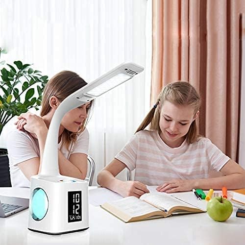 wanjiaone 7-in-1 Study Desk Lamp with USB Charging, Screen, Calendar, Color Night Light, Kids LED Table Lamp with Pen Holder, Clock, Reading Light, 10W