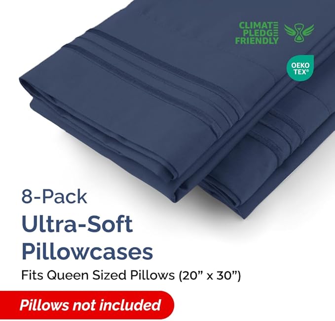 Queen Pillow Cases Set of 8 - Ultra Soft Hotel Quality Pillowcase Covers - Comfy, Cozy & Wrinkle Free - Shrink, Stain and Fade Resistant - Machine Washable Pillow Protectors - 8 Piece Set - Navy Blue