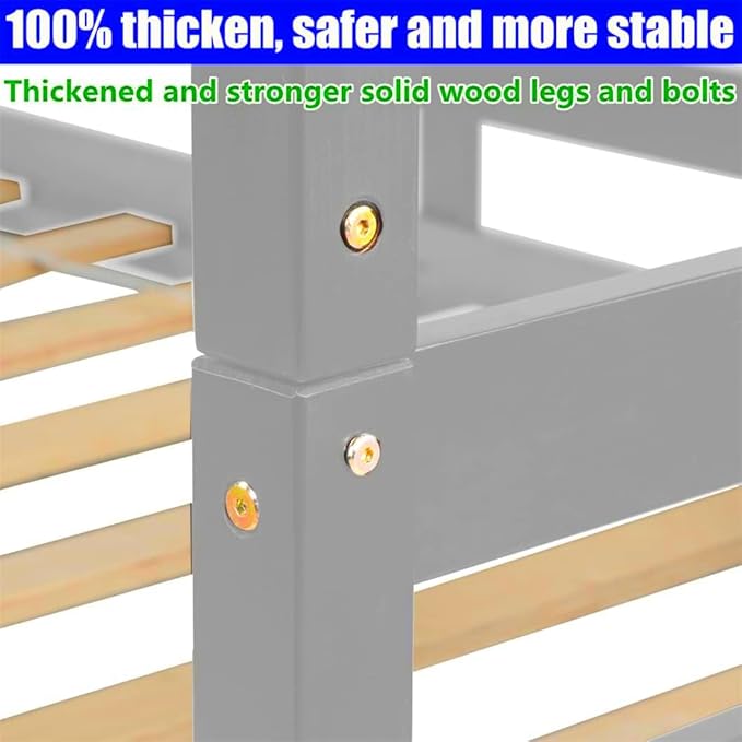 TSAMPA Latest Upgraded & Stronger Heavy Duty Solid Wood Full Over Full Bunk Bed with Trundle, Thickened Safer Convertible Bunk Bed Frame Full Over Full Size Bunk Bed (Easier to Assemble) (Gray), Grey