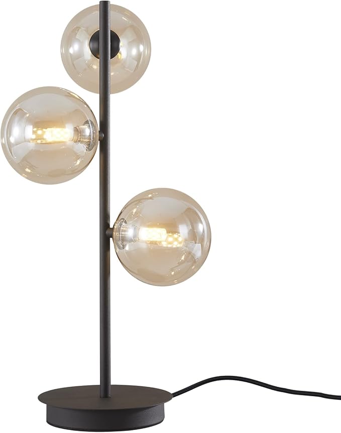 Mid Century Modern 3 Lights Globe Table Lamp Contemporary Minimalist Tall Bedside Desk Lamp Farmhouse Cognac Glass Nightstand Lamps Vintage Reading Light for Bedroom Living Room MTL03-B