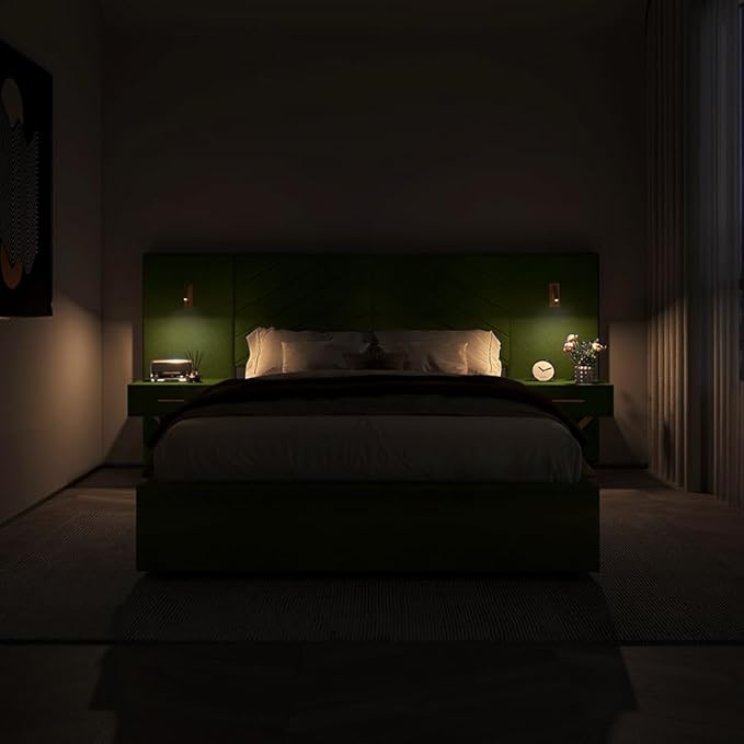 DEINPPA Luxury Queen Bed Frame with Built-in Gold LED Lights and Nightstands, Queen Size Platform Bed with Oversize Upholstered Headboard, No Box Spring Needed-Green