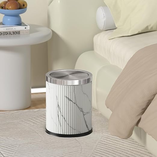 4 Gallon / 15L Trash Can Bathroom with Swing Lid, White Gold Garbage Can, Leather, Modern, Large Office Waste Basket, for Bedroom, Kitchen, Powder Room, Hotel, Business(15L Ink Marble)