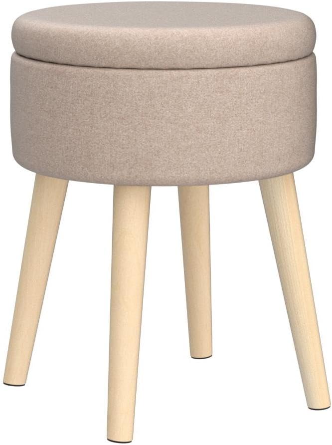 Mxfurhawa Storage Ottoman Linen Round Vanity Stool Tray Top Modern Foot Stool with Wood Legs Multifunctional Upholstered Foot Ottoman Rest for Living Room, Bathroom, Makeup (Khaki)