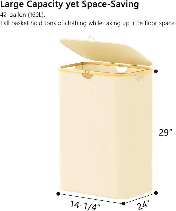SpaceAid Double Laundry Hamper 2 Section with Lid and Removable Laundry Bags, 160L Clothes Basket with Bamboo Handles, Large Collapsible Hamper for Bedroom, Bathroom, Dorm, Laundry Room - Beige