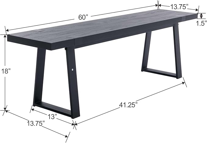 Wooden Dining Bench 60” Industrial Table Benches, Seating Chair Rustic Indoor Benches, Mid Century Kitchen Bench with Metal Legs, Black