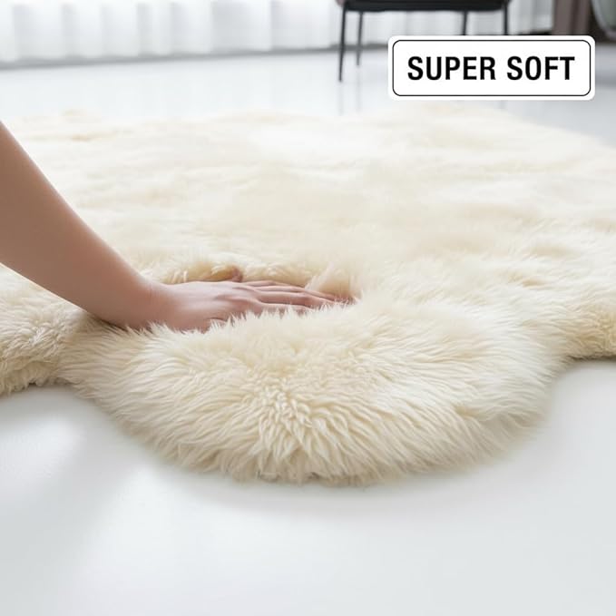 Super Area Rugs Premium Genuine Sheepskin Rug 5' x 6' Long Fur Soft & Natural Shaggy Living Room Rug, Champagne Cream, Six Pelt