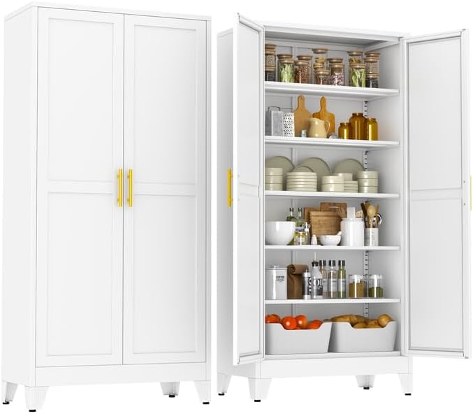 75" Metal Kitchen Pantry Cabinet,White Storage Cabinet with Doors and 5 Adjustable Shelves, Cabinet with 2 Metal Handles,Tall Cabinet for Livingroom,Pantry, Bathroom,Kitchen