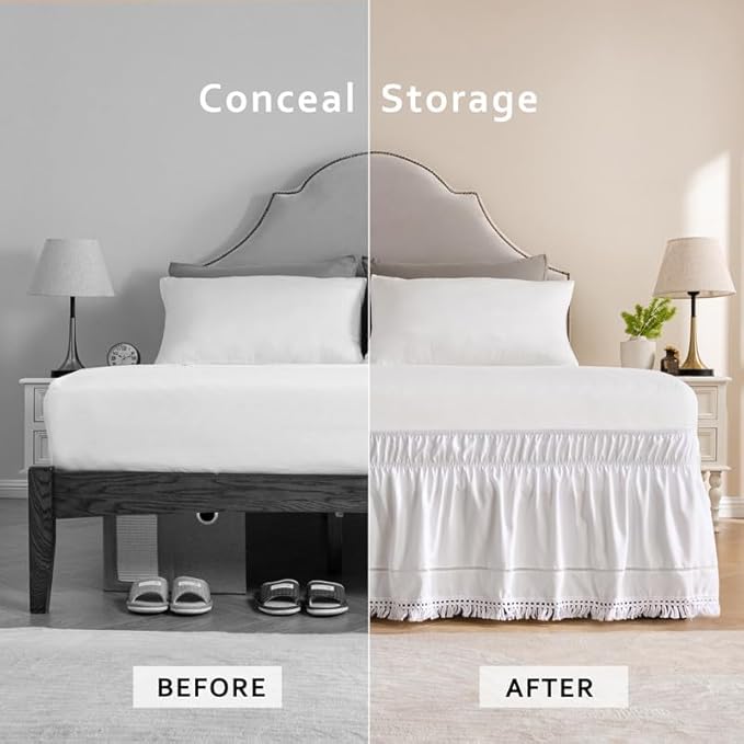 MIYE Wrap Around Ruffled Lace Bed Skirt, Elastic Dust Ruffle with Adjustable Belts, Easy to Put On, Bed Frame Cover, Machine Washable (Tassel Ruffle/White, King/Queen-18 Drop)