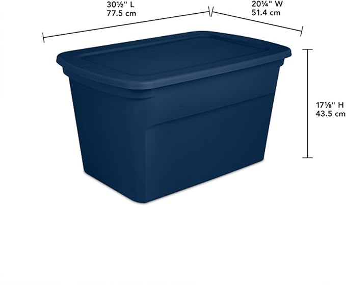 Sterilite 18-Pack Tote, Plastic Storage Bins with Snap Lids, 30 Gallon, Marine Blue - Stackable Home Organizers with In-Molded Handles for Bedroom, Garage, Basement and Attic