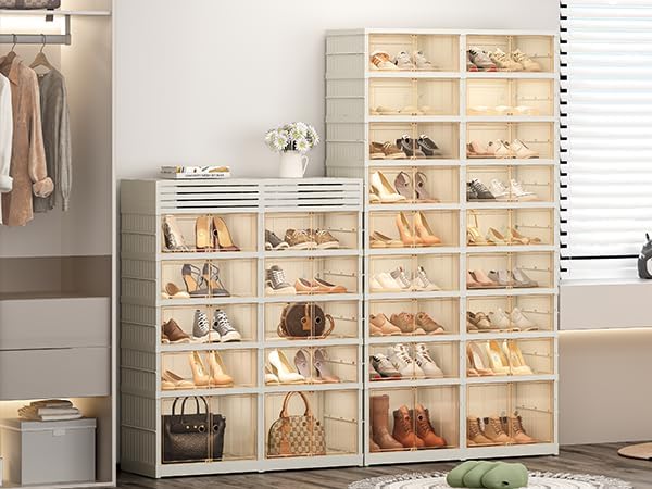 Redlife 9 Tier 36 Pairs Foldable Shoe Rack Organizer, Clear Portable Plastic Shoes Rack, Collapsible Shoes Storage Box with Lids Door, Large Tall Shoe Cabinet for Closet