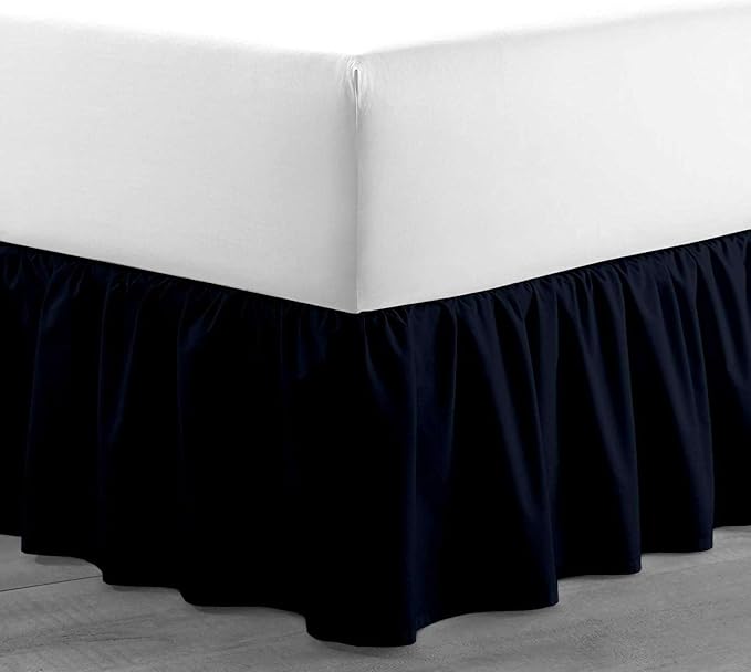 Navy Blue Solid Ruffled Bed Skirt Short Queen-8 Inch Drop Split Corner, Microfiber Bedskirt with Platform Three Sided Coverage
