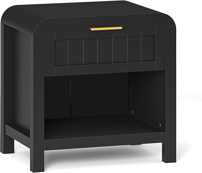 IKENO Wood Nightstand with Storage Drawer, 21" Wide Night Stand with Curved Profile Design, Bedside End Table for Bedroom, Living Room, Closet (1, Black, 1 Drawer)