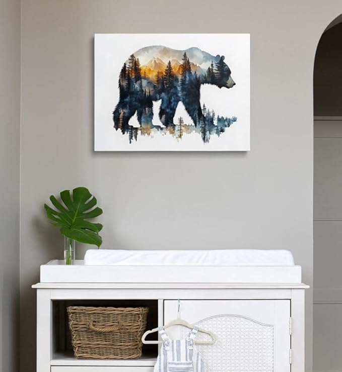 Bear Silhouette Forest Landscape Canvas Wall Art Framed Print Watercolor Painting Nature Wildlife Wall Decor Artwork Poster Sunset Colors Mountain Tree for Living Room Bedroom Office 12x16 Inches