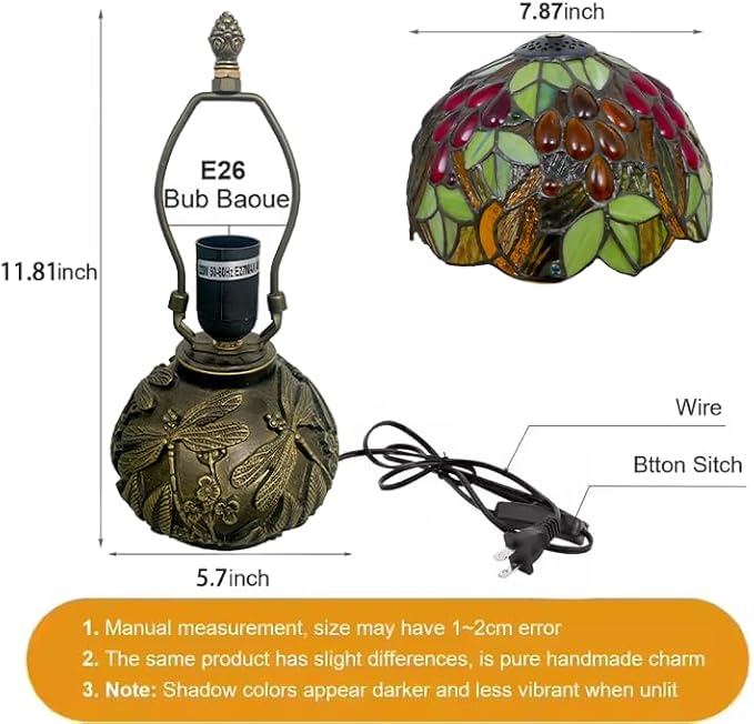 Small Tiffany Table Lamp Stained Glass Nightstand Lamps Bedside Purple Grape Desk Light for Office Bar Retro Bedroom Living Room,7.87 inch