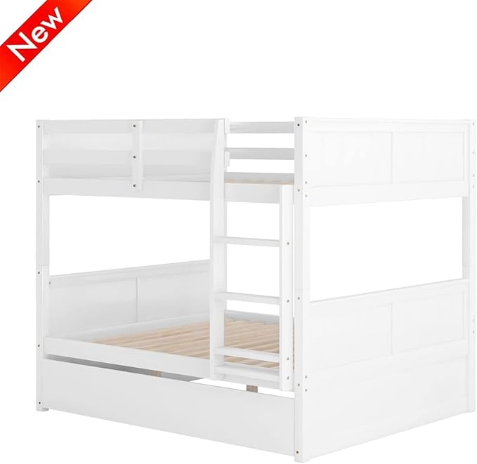 TSAMPA Latest Upgraded & Stronger Heavy Duty Solid Wood Full Over Full Bunk Bed with Trundle, Thickened Safer Convertible Bunk Bed Frame Full Over Full Size Bunk Bed (Easier to Assemble) (White)