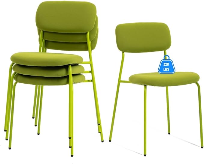 Stackable Chairs Indoor Set of 4, Dining Chair Ser for 4, Armless Stacking Chairs with Sturdy Metal Legs for Living Room, Office Chair for Guest, Green.