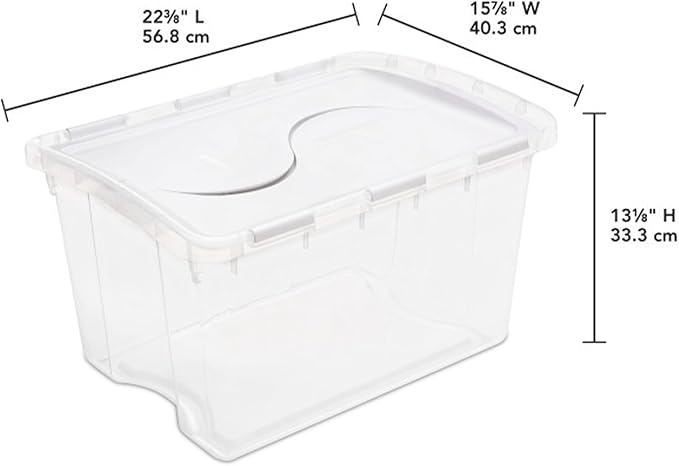 Sterilite 48 Qt Hinged Lid Storage Box, Stackable Bin with Lid, Plastic Container to Organize Home, Office, Basement, Clear with White Lid, 24-Pack