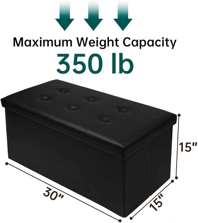 xupersodys 30 Inches Folding Storage Ottoman Bench, Faux Leather Footstool Ottoman, Storage Trunk Footrest for Bedroom, Living Room and Hallway, Support 350lbs, Black（Black line）
