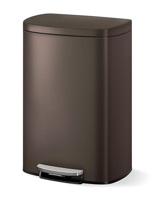 GarveeHome Stainless Steel Kitchen Trash Can, 13 Gal / 50 L Step-On Garbage Bin with Soft Close Lid, Large Rustproof Metal Trash Can for Kitchen, Brown