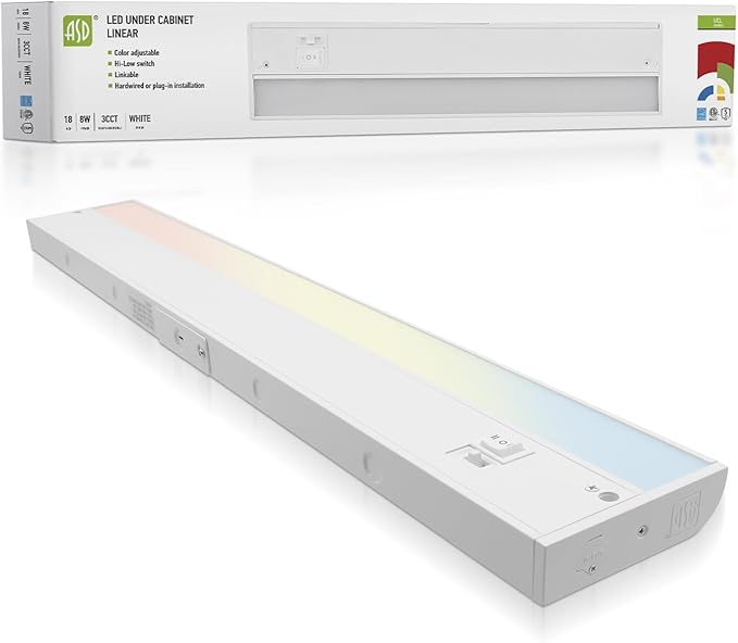 ASD 18 Inch LED Under Cabinet Lighting Plug in or Hardwired, High/Low/Off Switch, 8W 120V 3 CCT 2700K/3000K/4000K CRI90+, Triac Dimmable Linkable Under Counter Lights for Kitchen, ETL Listed, White