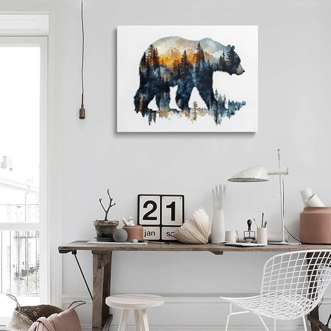 Forest Landscape Inside Bear Canvas Wall Art Framed Painting Watercolor Wildlife Wall Decor Artwork Print Poster Nature Mountain Silhouette Sunset for Living Room Home Office Cabin Decor 16x24 Inches