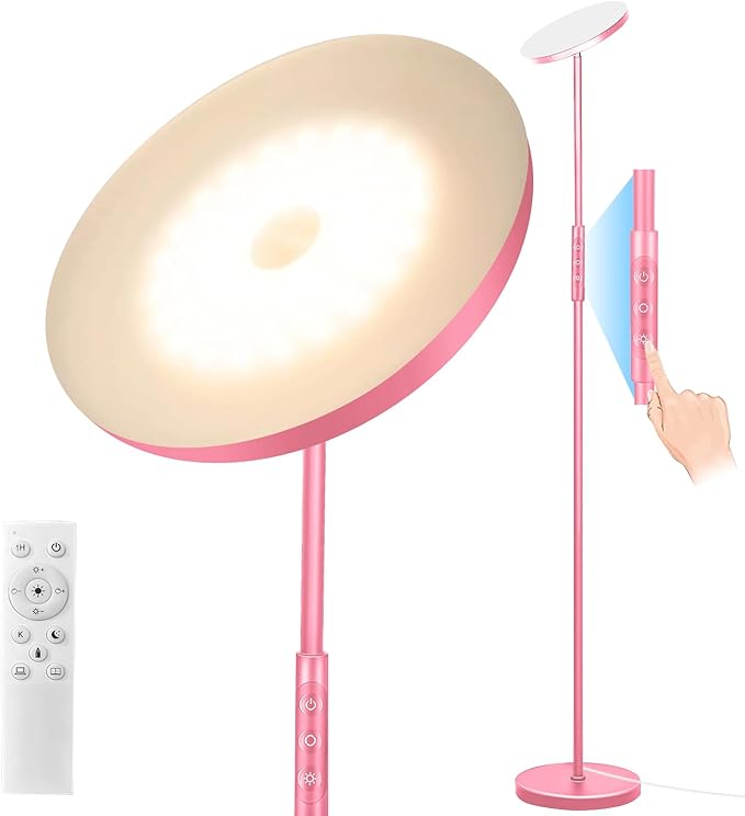 Pink Floor Lamp, 40W Super Bright Floor Lamps for Living Room Bedroom with Remote & Timer, Torchiere LED Floor Lamp 2700K-6500K Stepless Dimmable, Tall Standing Light Works with Smart Plug