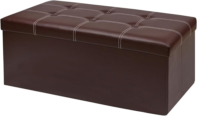 xupersodys 30 Inches Folding Storage Ottoman Bench, Faux Leather Footstool Ottoman, Storage Trunk Footrest for Bedroom, Living Room and Hallway, Support 350lbs, Brown (White line)