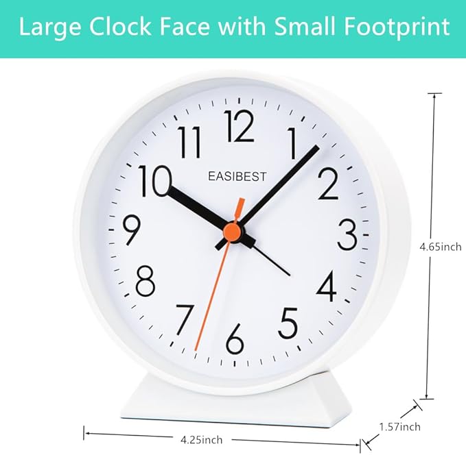No Ticking Silent Alarm Clock,Easy to Read and Use,Ascending Sound,1 AA Battery Operated,Snooze Light,Bedside Desk Clock,White