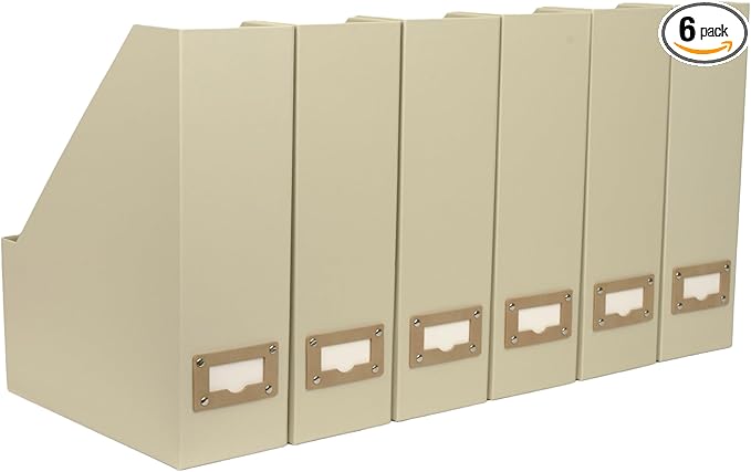 BLU MONACO | Cardboard Magazine File Holder Set of 6 | Vertical Magazine File Holder with Label Slots | Beige Linen Foldable File Organizers for Desk Shelf Office