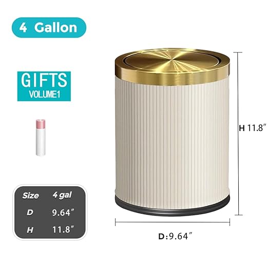 4 Gallon Bathroom Trash Can with Swing Lid, Large Gold White Garbage Can, Fancy, Big Leather Waste Basket, for Girls Bedroom Kitchen Powder Room (15L White)
