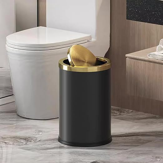 2.4 Gallon/9L Black and Gold Bathroom Trash Can Metal, Stainless Steel Wastebasket with lid, Brass Kitchen Garbage Can for Tolit Bedroom Powder Room Office Hotel (Black and Gold)
