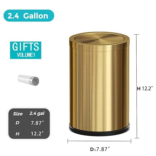 2.4 Gallon Brass Gold Bathroom Trash Can, Fancy Waste Basket Powder Room Bedroom, Elegant Modern Decorative Garbage Can for Restroom Office Hotel Kitchen (Gold Single Layer)
