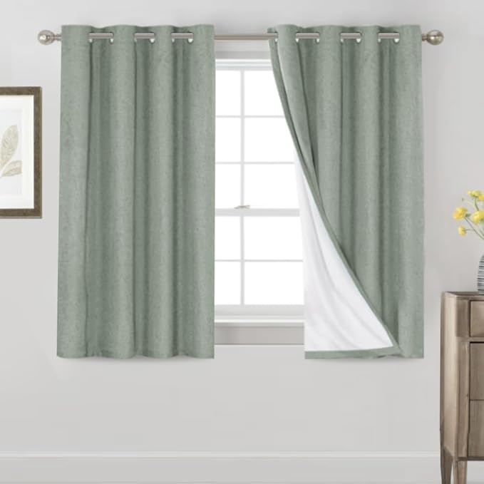 PrinceDeco 100% Blackout Curtains 54" Long Green Blackout Curtains for Bedroom Linen Texture Solid Thermal Insulated with White Liner Luxury Decor for Nursery 52x54 Inch (2 Panels)