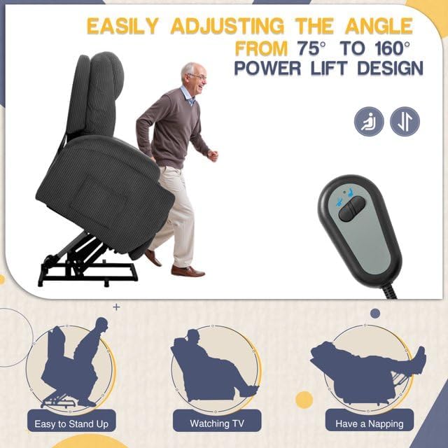 Furmax Electric Power Lift Recliner Chair with Massage for Elderly Corduroy Fabric Recliner Single Sofa with Cup Holders, Side Pockets and Remote Control for Living Room Bedroom (Gray)