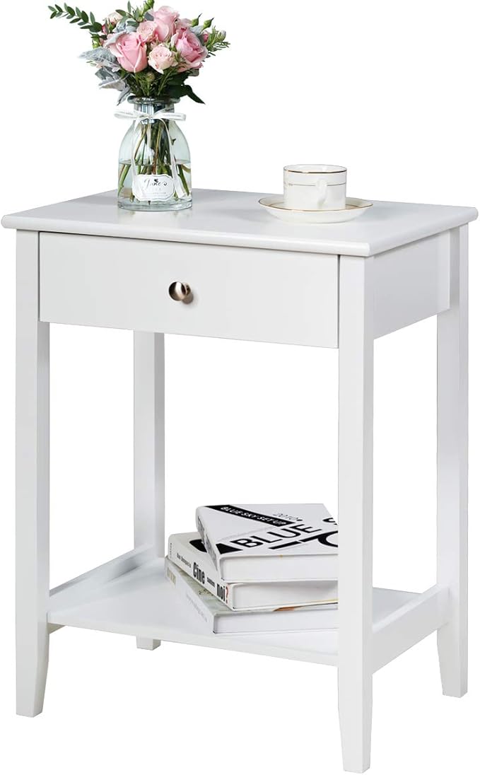 Giantex Nightstand Wooden 2-Tier Couch Sofa Side Table with Drawer, Storage Shelf, Solid Wood Legs,Mufti-Functional Home Furniture for Living Room Bedroom Study Room End Table (1, White)