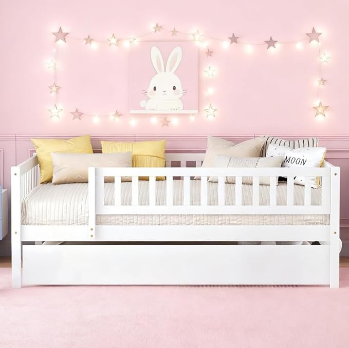 Bellemave Full Size Bed Frames with Rails for Kids, Full daybed Frame with Trundle for Boys/Girls/Adults， White