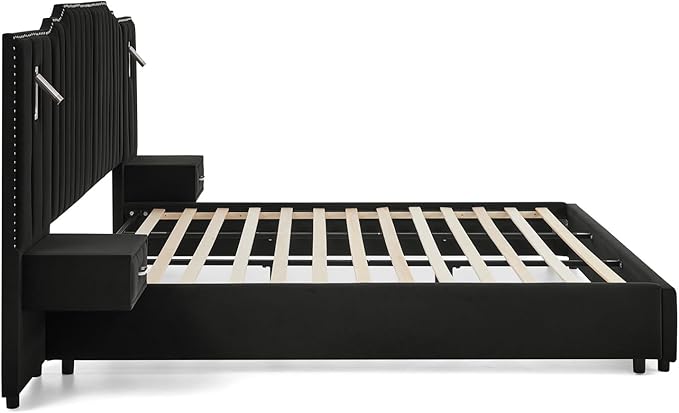 King Size Bed Frame with Storage, Luxury King Platform Bed Frame with Headboard, Velvet Fabric Upholstered Bedframe with LED Lights, Solid Frame & Bedside Table, No Box Spring Needed, Black