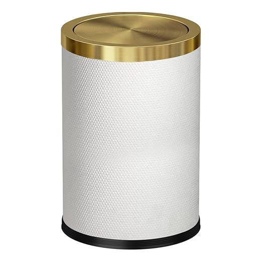 2.4 Gallon Bathroom Trash Can with Lid, Pu Leather Modern Garbage Can, Round Decorative Waste Basket, for Near Desk, Powder, Bedroom, Hotel, Office, Home (9L-Checked White)
