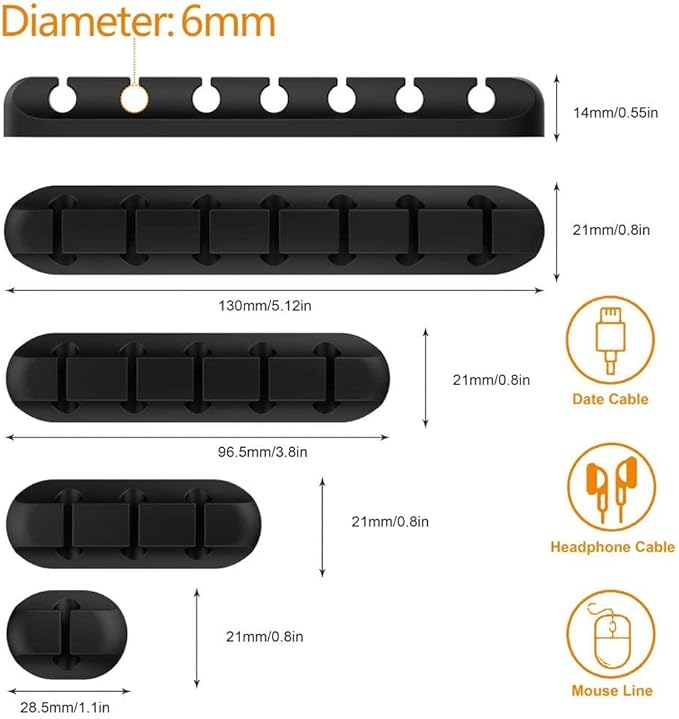 Cord Holder Cable Organizer Clips – Self Adhesive Cord Organizer for Desk, Car, Nightstands, Office, Black Silicone Cord Keeper Cable Clips Wire Holders for Phone Charger Cords (7-5-3-1-1 Slots)