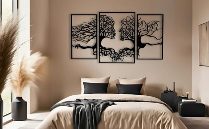VAILLA Tree of Life Wall Wooden Art Abstract Tree Man Woman Face Large 3D Wooden Wall Decor Set of 3 Hanging Sculpture Modern Home Decoration 3D Textured Sculptures for Living Room Bedroom Office Dinnig Room (59"L x 35"W)