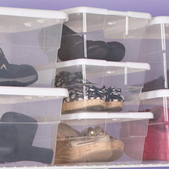 Sterilite 6 Qt Storage Box, Stackable Bin with Lid, Plastic Container to Organize Shoes and Crafts on Closet Shelves, Clear with White Lid, 1-Pack