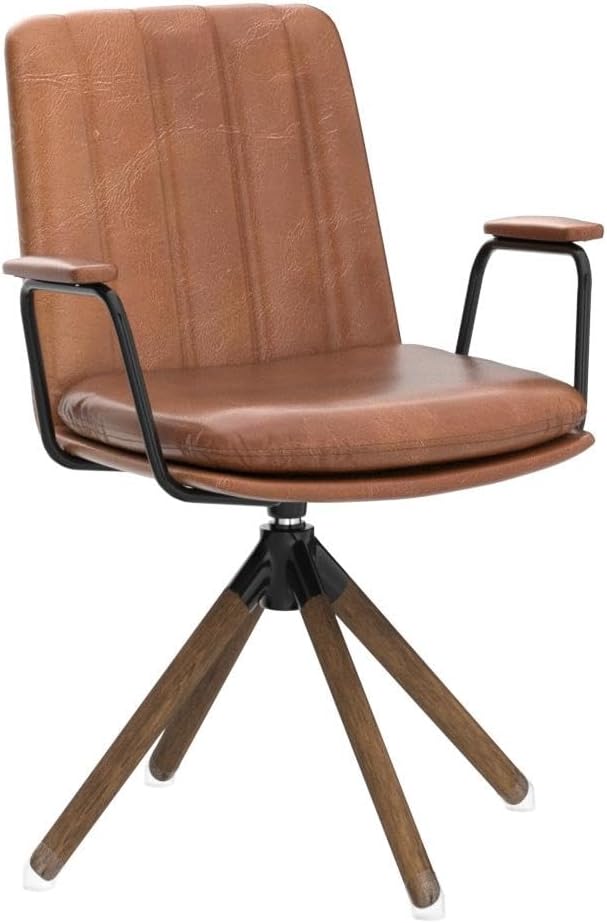 Art Leon Mid Century Modern Chair, Oak Legs Swivel Accent Chair No Wheels, Faux Leather Armchair for Small Spaces Home Office Living Room Bedroom, Yellow Brown
