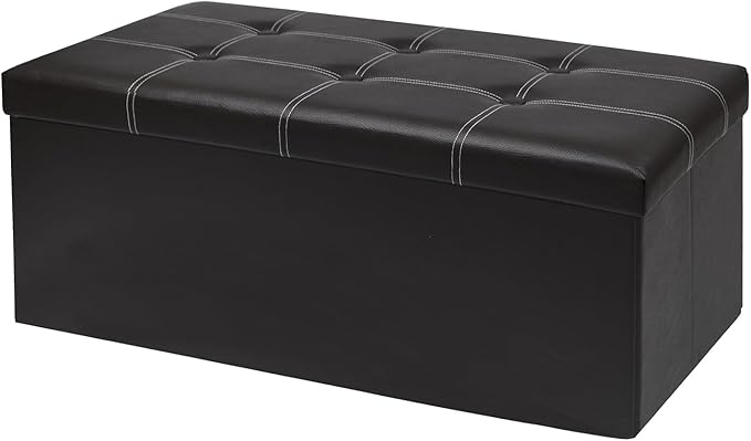 xupersodys 30 Inches Folding Storage Ottoman Bench, Faux Leather Footrest Ottoman, Storage Trunk Footstool for Bedroom, Living Room and Hallway, Support 350lbs, Black (White line)