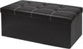 xupersodys 30 Inches Folding Storage Ottoman Bench, Faux Leather Footrest Ottoman, Storage Trunk Footstool for Bedroom, Living Room and Hallway, Support 350lbs, Black (White line)